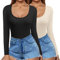 Ekouaer 2 Pack Long Sleeve Slim Fit T Shirt Thermal Tops Womens Scoop Neck Tops Shirts Basic Tight Tee, Beige+Black, M