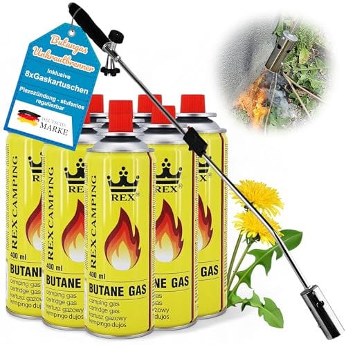 Unkrautvernichter inkl. 8x Gaskartuschen - stabiler Unkrautbrenner mit Piezozündung stufenlos regulierbar – Unkrautentferner Gerät mit ergonomischen Griff