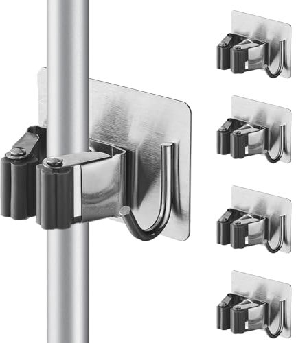 Cokshy Mop Broom Holder, 4 Pcs Stainless Steel Broom Holder Self Adhesive with Hook, Square Heavy Duty Garden Tool Organizer Rack Wall Mount for Kitchen Bathroom Closet Garden Garage - Grey