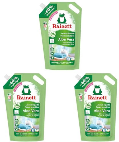 RAINETT - Lessive Liquide Peaux Sensibles - Formule Hypoallergénique - Tensioactifs d'Origine Végétale - Efficace Dès 20° - Ecolabel - Aloe Vera - 32 Lavages - Éco-Recharge 1,6 L (Lot de 3)