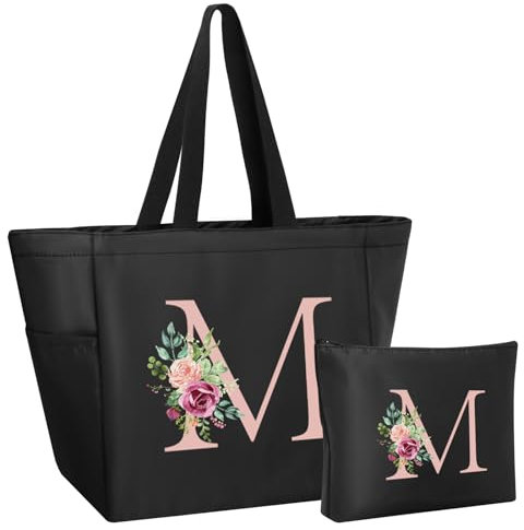 Ysound Initialen Tragetasche Damen, Personalisiert Handtasche Frauen, Schwarz Tote Bag Set, Einkaufstasche und Kosmetiktasche Geschenk für Frauen Freundin Braut Brautjungfern Geburtstag, Hochzeit (M)