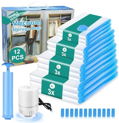 Sac Sous Vide Vetement Aspirateur et Pompe Électrique, Sac de Rangement Sous Vide 12 Pièces(3XL 3L 3M 3S) Housse Vêtement Aspirateur Réutilisables pour Literie, Vêtements, Matelas, Couettes, Oreillers