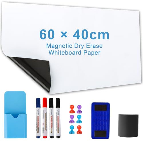 Cinnani Whiteboard Folie Magnetisch, 60×40cm Whiteboard Folie Selbstklebend, mit 4 Stift und 6 Magneten, Abwischbare Tafel, Magnetfolie Selbstklebend für Schule, Kinderzeichnung, Büro, Zuhause (Weiß)