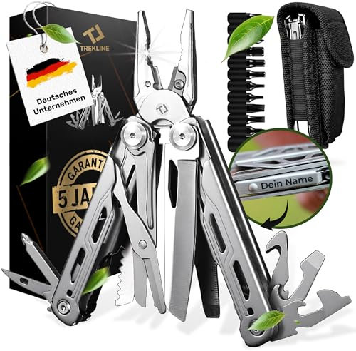 TREKLINE Premium Multitool Werkzeug [rostfreier Edelstahl] Survival Multifunktionsmesser perfektes Camping Zubehör, Multifunktionswerkzeug [28 Funktionen] Taschenmesser, Geschütztes Design
