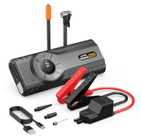 NASTIMA Car Jump Starter Power Bank with Air Compressor, High Peak Current Jump Starter QC18W for 8L Petrol and 6L Diesel Engine, 4 in 1 with Smart Clip Cord, Led Flashlight, Storage Bag