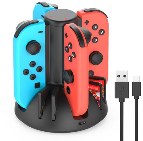 Switch Controller Charger Compatible with Nintendo Switch & OLED Model Joy-Con, Switch Charging Dock with Individual LED Indicator, 4 in 1 Joy Con Charger Dock with Upgraded 8 Game Storage