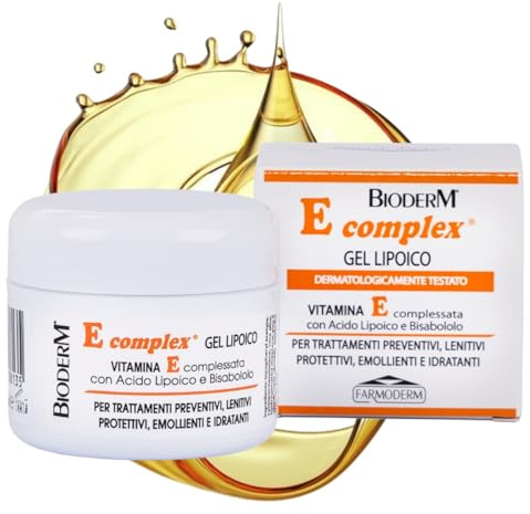 Bioderm E Complex Gel Lipoico Vitamina E, Acido Lipoico e Bisabololo 50 ml | Lipogel emolliente e lenitivo per pelle secca, screpolata e arrossata, ne basta una piccola dose; anche su labbra e talloni