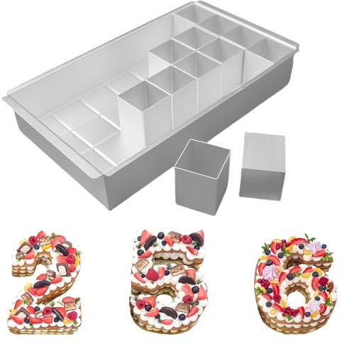 Zahlen Backformen Groß, Backform Zahlen und Buchstaben, Rechteckig Verstellbar Antihaft Backform Kuchenform mit 12 Quadratischen Blöcken für DIY Backen Formen Set Geburtstag Party 32 * 18 * 5 CM
