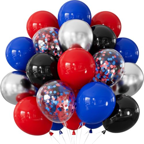 Adeyoo Black Red and Blue Balloons - 12 Inch Red Black Balloons Royal Blue Latex Balloon Glitter Metallic Silver Confetti Balloon for Man Boys Birthday Baby Shower Spider Theme Party Decoration, 50Pcs
