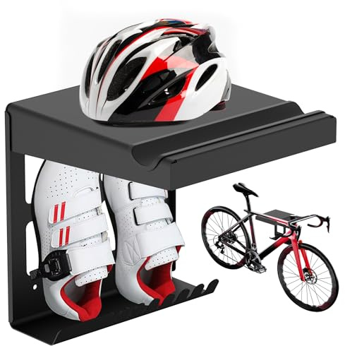 Mimoke Soporte de pared para bicicleta, soporte para garaje e interior, con estante y ganchos, diseño resistente con acolchado protector, ahorro de espacio (Negro)