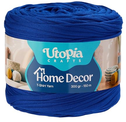 Utopia Crafts T-Shirt Garn zum Häkeln & Stricken 300g 150m, dickes Häkelgarn 5-7mm Jersey Textilgarn Bändchengarn für Taschen, Körbe, Pouf, Sitzkissen, Heimdekoration, Oeko-Tex (Kobaltblau)