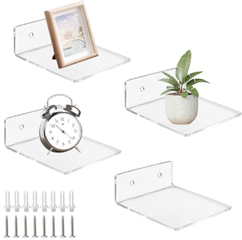 4x Kleines Wandregal Acryl, Kleines Regal Wand Schweberegal 10x10x3.5cm | Mini Regalbrett, Wand Regale mit Schrauben, Dekoration für Badezimmer Wohnzimmer Schlafzimmer Lautsprecher Uhr Pflanzen, Klar