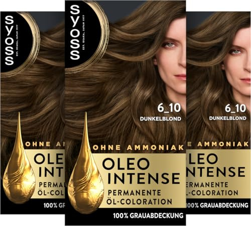 Syoss Oleo Intense Öl-Coloration 6-10 Dunkelblond (3x 130 ml), dauerhafte Haarfarbe mit pflegendem Öl schützt vor Haarschäden, für 100% Grauabdeckung, Coloration ohne Ammoniak