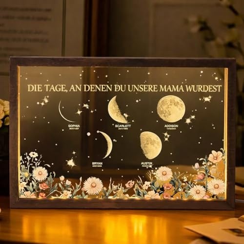 VEELU Personalisierte Muttertagsgeschenke Nachtlicht für Mama, Mondphasen Bilderrahmen LED Mondlampe mit Name & Datum, Personalisierte Mondphasen Lamp Mama Geburtstags Geschenk zum Muttertag