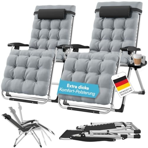 STEELSØN Lysira Zero Gravity Gartenliege 2er-Set, Grau, Gestell Silber | Klappbare Sonnenliege, Liegestuhl, Outdoor Relaxliege wetterfest, Campingliege mit Polsterauflage, Getränkehalter, bis 200 kg