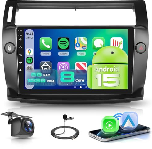 【8 Kern 6+128G】 Carplay Bildschirm für Citroën C4 2004-2010 Autoradio Android 9 Zoll Touchscreen mit Android Auto/Navi/WiFi/GPS/RDS/FM/Bluetooth/USB/DSP+Rückfahrkamera,Schwarz