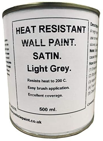 1 x 500ml Satin Light Grey Heat Resistant Wall Paint. Wood Burner Stove Alcove. Brick, concrete, plaster, cement board, rendering, metal, timber etc.