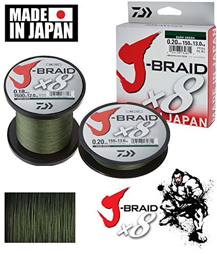 Daiwa J-Braid 8 Braid 0.20mm, 13.0kg / 29.0lbs, 1500m dunkelgrün, rund geflochtene Angelschnur