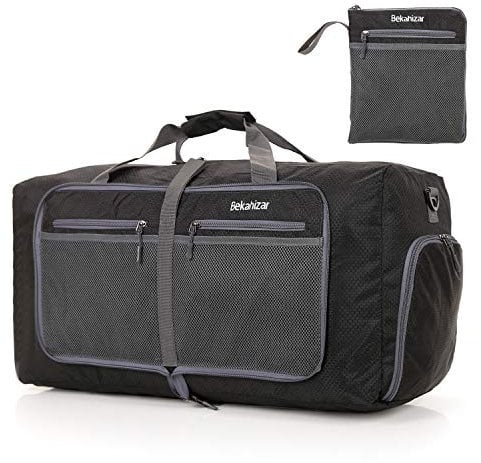Bekahizar Leichte Faltbare Reisetasche 60L Große Travel Duffle Bag Übernachtung Taschen Verpackbar Reisegepäck Gym Sporttasche Mit Schuhfach für Herren Damen Flugzeug Camping Reisen Urlaub (schwarz)