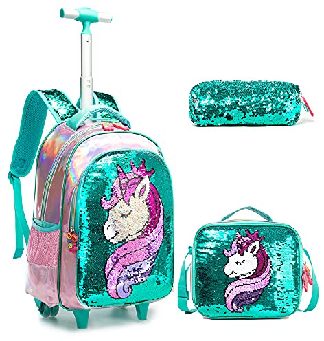 Egchescebo Zaino Trolley Scuola Elementare Unicorno con Perline Bambina Ruote Regoli da Viaggio Carrello Porta per La Bimba Ragazza Seven Media Asilo Bambino Superiori Ragazza Rotelle 17 3pcs Verde-1