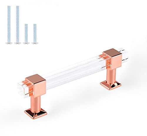 Orger 10 Stück Küchenschrankgriffe, 9,5 cm Lochmitte, modernes Dekor, Roségold, Schubladengriffe mit quadratischem transparentem Acrylrohr, Schrankgriffe für Kommoden, Schränke, Kleiderschränke