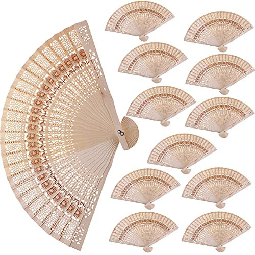 Eidoct 12pcs Sandalwood Fan, 8 Inch Chinese Wooden Openwork Personal Handheld Folding Fan for Wedding Party Home Decorations Birthday Gift(12)