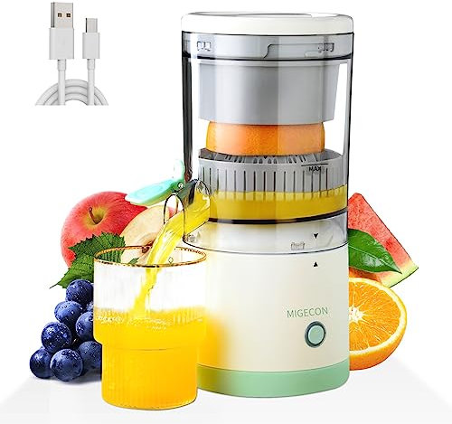 MIGECON Electric Juicer Rechargeable - Orange Squeezer Citrus Juicer with Powerful Motor, Juicer Extractor, Suitable for Lemon, Apple, Grapefruit and Pear, Include Cleaning Brush, BPA-F ree(White)