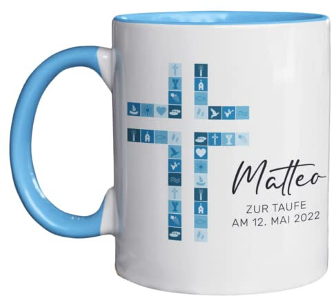 Tasse zur Kommunion/Konfirmation/Firmung mit Aufdruck des Namens und Wunschtext für Mädchen und Jungs (Henkel+Innen Blau)