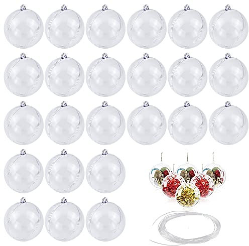 JTgugu 24 Stück 6cm Acrylkugeln zum Befüllen Transparente Weihnachtskugeln Christbaumkugeln zum Befüllen DIY Plastikkugeln mit Angelschnur zum Aufhängen für Hochzeit Weihnachten Wohnkultur