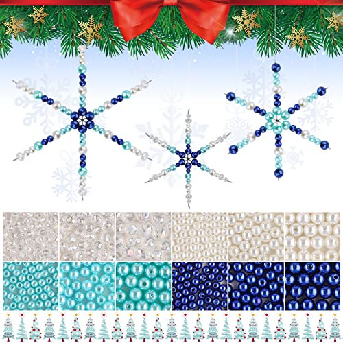 1104 Stück Christmas Snowflake Wire Forms, Kalolary Xmas Metall Schneeflocke DIY Craft Blue White Pearl Charm 24 Stück Metall Schneeflocken Drähte mit 1080 Perlen Basteln Weihnachtskunst Dekoration
