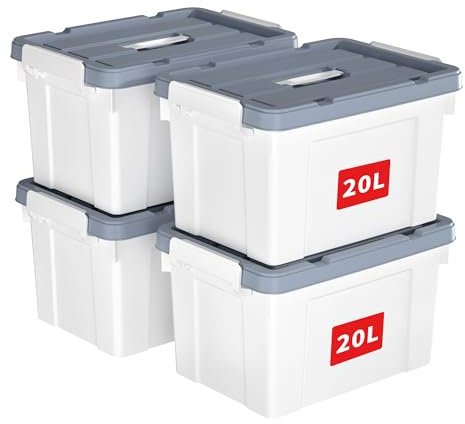 Cetomo 20L*4 Kunststoff-Aufbewahrungsbox Box mit haltbarem Deckel und Sicherheitsverschluss stapelbar und verschachtelbar 4 Stück Weiß