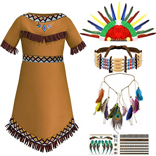 Indianer Kostüm Kinder Mädchen Indianer Kleid mit Kopfschmuck Feder Stirnband Haarschmuck Choker Halskette Tattoo Faschingskostüme Kinder Mädchen 4 5 6 7 8 9 10 Jahre Karneval Halloween Party Cosplay