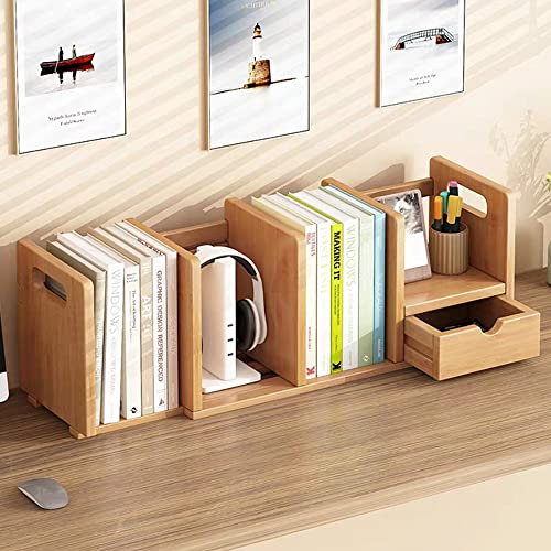 Hggzeg Natural Bamboo Desktop Bookshelf, Adjustable Small Desktop Organiser Office Storage Rack with Drawers for Office & Home (Single Drawer-L)