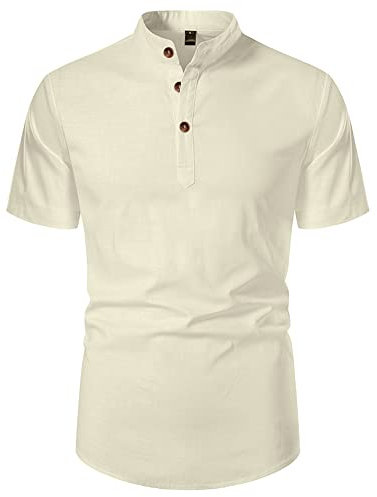 LVCBL Linen Shirt Men's Casual Shirts Short Sleeve Cotton Shirt Summer Beach Shirt Beige L