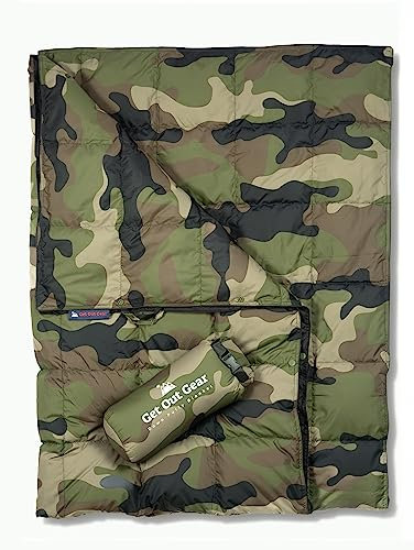Get Out Gear Daunen-Campingdecke, bauschig, verstaubar, leicht und warm, ideal für Outdoor, Reisen, Stadion, Festivals, Strand, Hängematte, 650 Füllkraft, wasserabweisend, Rucksackreisen