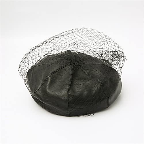 tcax Beret Femme Béret en Cuir De Chapeau De Peintre De Printemps D'Été avec La De Voile Montrent La Casquette De Bonnets De Béret De Femmes De Double Couche, Noir, Taille Unique