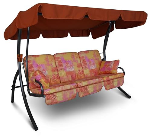 Angerer Freizeitmöbel GmbH Hollywoodschaukel Comfort - Gartenschaukel Made in Germany - Schaukel zum Sitzen, Liegen und Entspannen - mit Bett-Funktion - einfache Montage (Rosa-Orange-Gelb Gemustert)