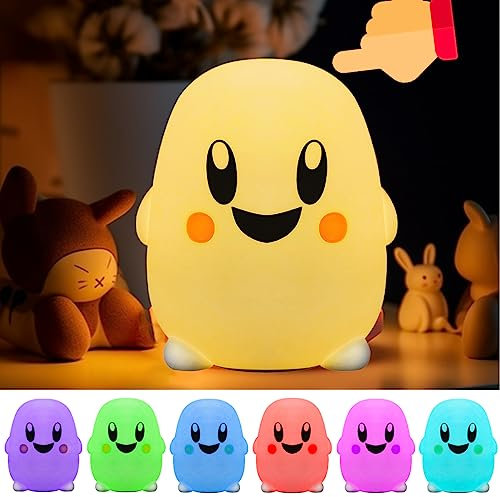 DIWUJI Led Nachtlicht Kinder mit Smiley Gesicht, Silikon Niedlich Mehrfarbig Nachtlampe, Tap Control, USB Wiederaufladbar, Stillen Nachttischlampe, für Schlafzimmer Kinder Baby