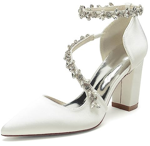Chaussures de Mariée Blanche, Chaussures de Mariage pour Femme Fermé Pointu Bout Escarpins, Escarpins Femme Talon Carré,Ivoire,36 EU