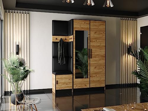KIER FURNITURE Garderobe mit Sitzfläche Roj13 - Gepolstertes Paneel an Seite des Schrankes - Kleiderschrank aus Laminierter Spanplatte - Höhe 205cm - 158x205x39cm Eiche Craft Gold + Öko-Leder Schwarz
