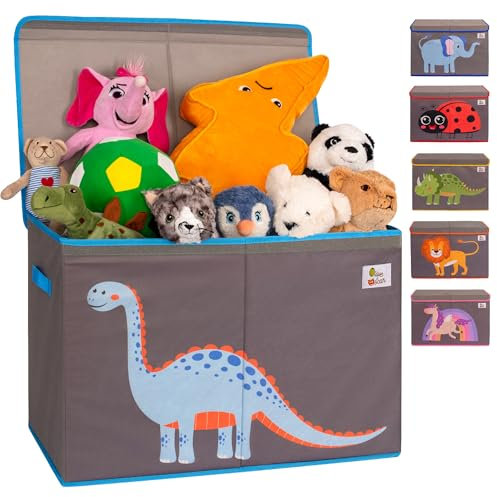 OLIVE&OSCAR 80L Large Toy Box | Toy Storage | Baby Toy Box Storage with Lid & Handles | Suitable for All Children, Boys, Girls, Toddlers | Blue Dinosaur | L60cmW33cmH40cm