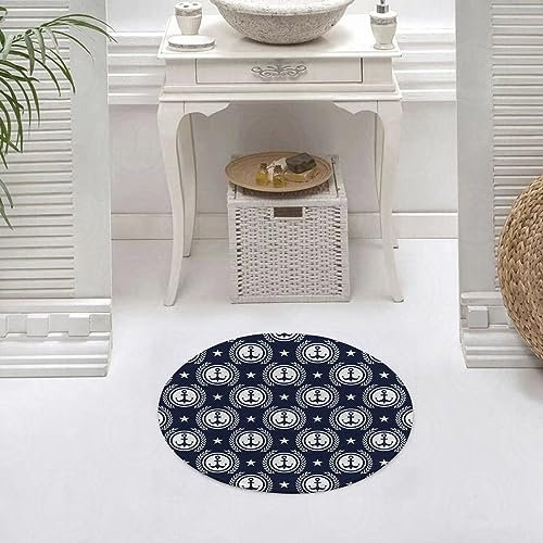 Runder Waschbare rutschfeste Badezimmer Teppich Maritimes Muster Anker Logo Marine mit Sternen a Rund Klein Badematte 60 cm,Teppiche für Eingangsbereich Innen Dusche Zimmer Kinderzimmer Schlafzimmer
