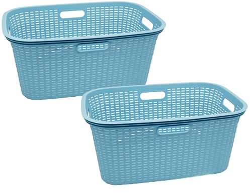 HRB Wäschekorb Plastik Rattan Optik, 40 L Wäsche Box Volumen, Wäschesammler mit 58,5 x 39 x 26 cm Außenmaß, Wäsche Sortierer groß, Aufbewahrungskorb (2, Hellblau)