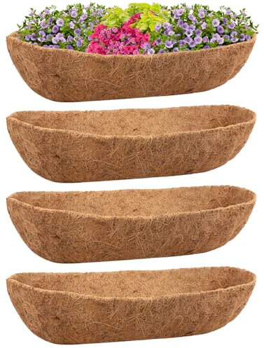 Riare 4Pcs Trough Coco Coir Liners 30Inch Coconut Coir Hanging Basket Liner for Planters Natural Coco Fiber Window Box Liners for Wall Planter, Window Basket Deck Railing Planter (4, 30inch)