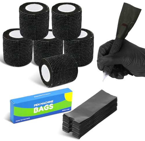 206 Stück Tattoo Grip Tape und Tattoo Stift Taschen, 6pcs Tattoo Griff Abdeckung (5cm x 4.5m) und 200pcs Einweg Tattoo-Stift-Taschen für Tattoo Zubehör
