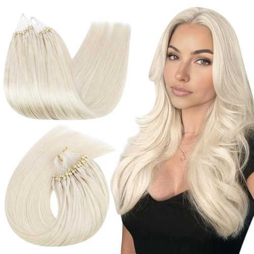 Ugeat Echthaar Extensions Microring 45 cm Platinblond Weiche Microring Extensions Echthaar Blond Micro für Frauen 50G 50 Strähnchen #60A