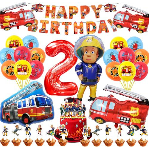 Yskmefun Feuerwehrmann Sam Geburtstagsdeko 2 Jahre, Feuerwehr Deko Kindergeburtstag, Feuerwehr Tortendeko, Junge Kindergeburtstag Feuerwehrauto Deko, Feuerwehrauto Geburtstag Luftballons