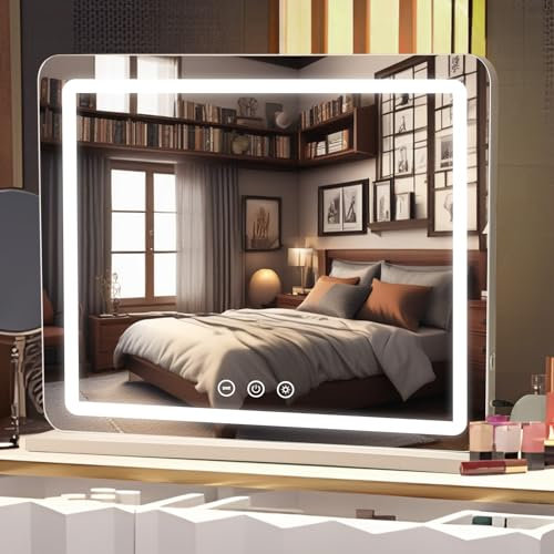 Saimeihome Schminkspiegel mit Beleuchtung 3 Lichtmodi, Hollywood Schminkspiegel 80x60 cm, Dimmbare Helligkeit, Touch-Steuerung Kosmetikspiegel mit Ladeanschluss, 10x Vergrößerung Weiß