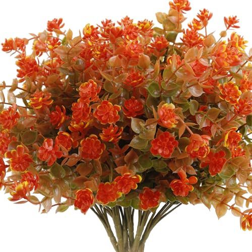 Filltown Artificial Flowers Outdoors Fake Flowers, 8 Bundle Faux Flowers UV Resistant, Autumn Eucalyptus Plants for Outside Indoors Hanging Basket Greenery Shurbs, Wedding Party Home Garden Decoration