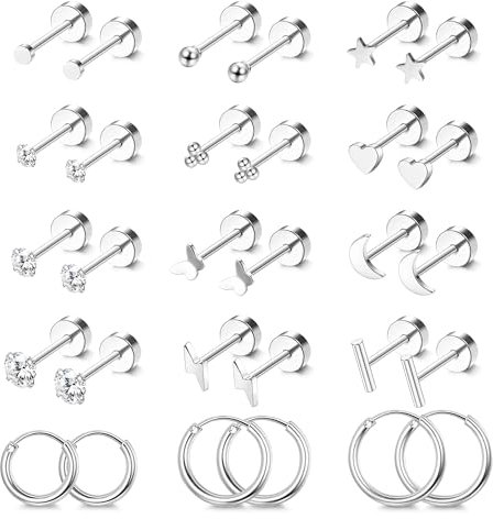 JeweBella 15 Paar Gold Ohrringe Set - Hypoallergene 316L Chirurgenstahl Stecker, Creolen, Helix Piercings - Medizinische Ohrstecker für Damen
